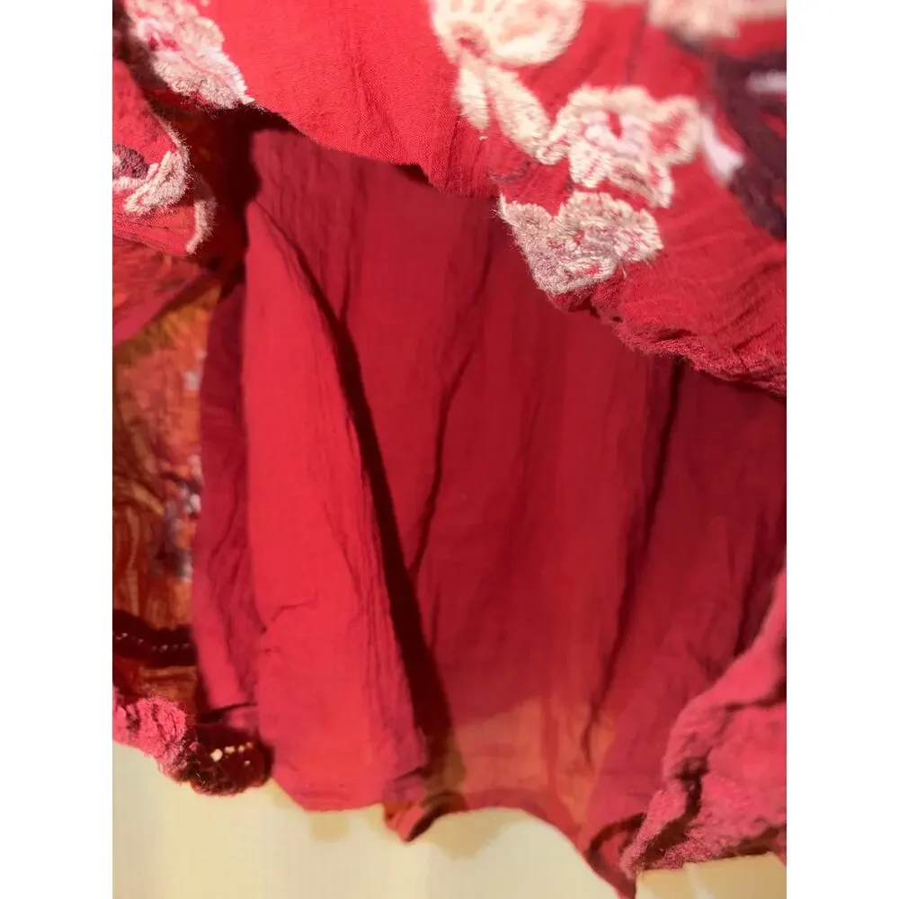 Free People Embroidered Cotton Gauze Boho Mini Dress Large Rust Red - Picture 3 of 7